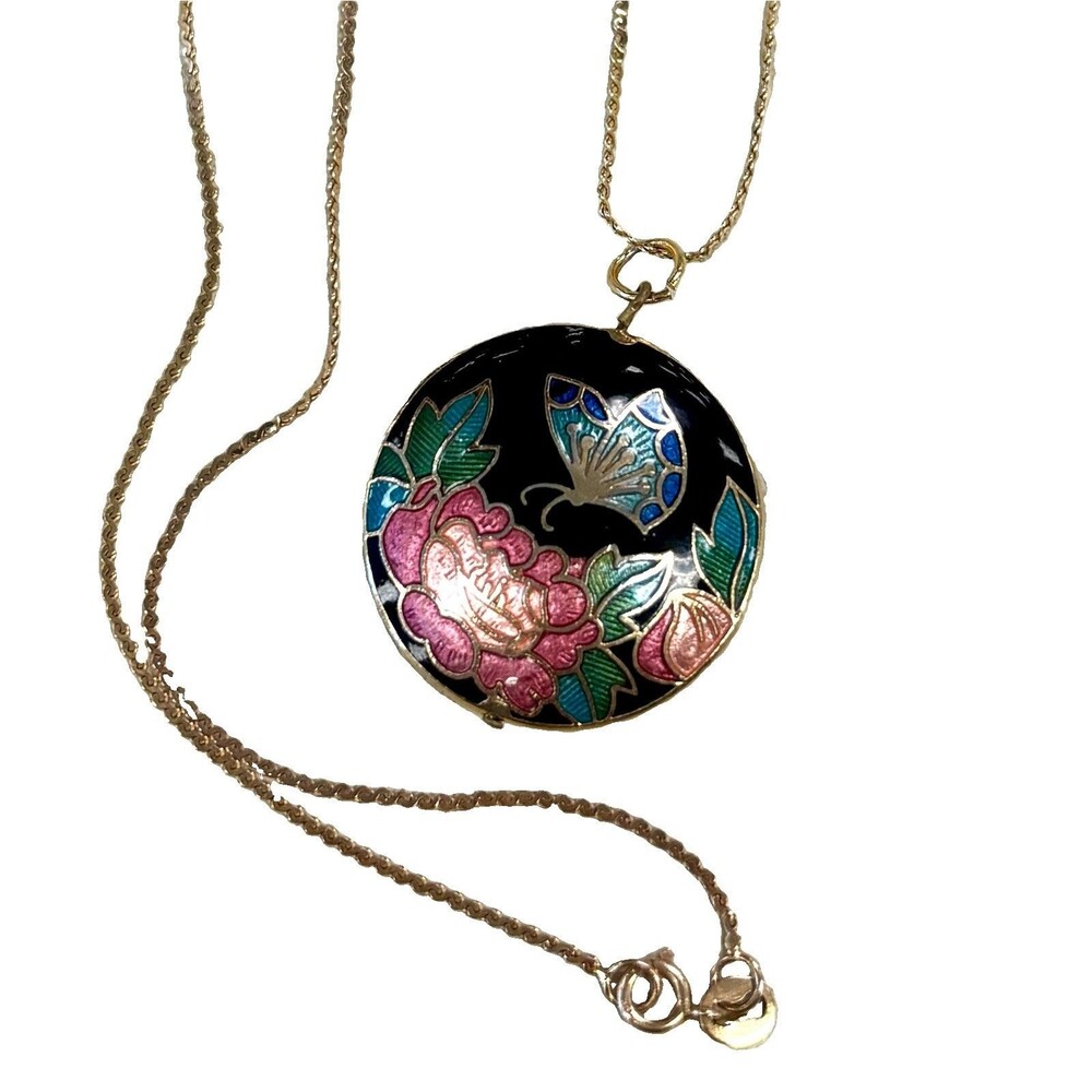 Vintage 14K Gold 24ā Singapore Chain Reversible Cloisonne Bird Butterfly Pendant